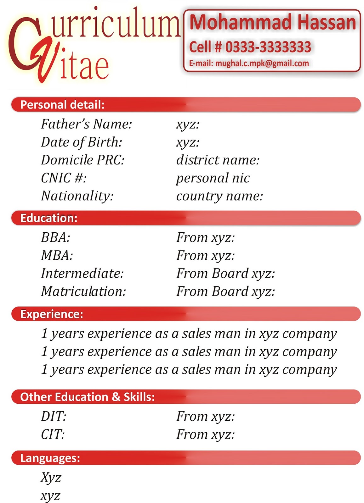 Pattern of a simple resume